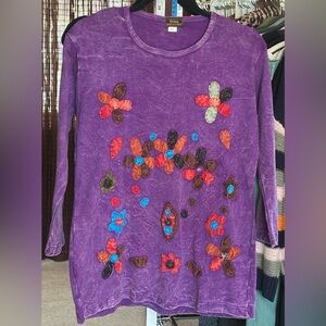 Rising International Nepal Boho Applique Top XXL Purple Artisan Hippie